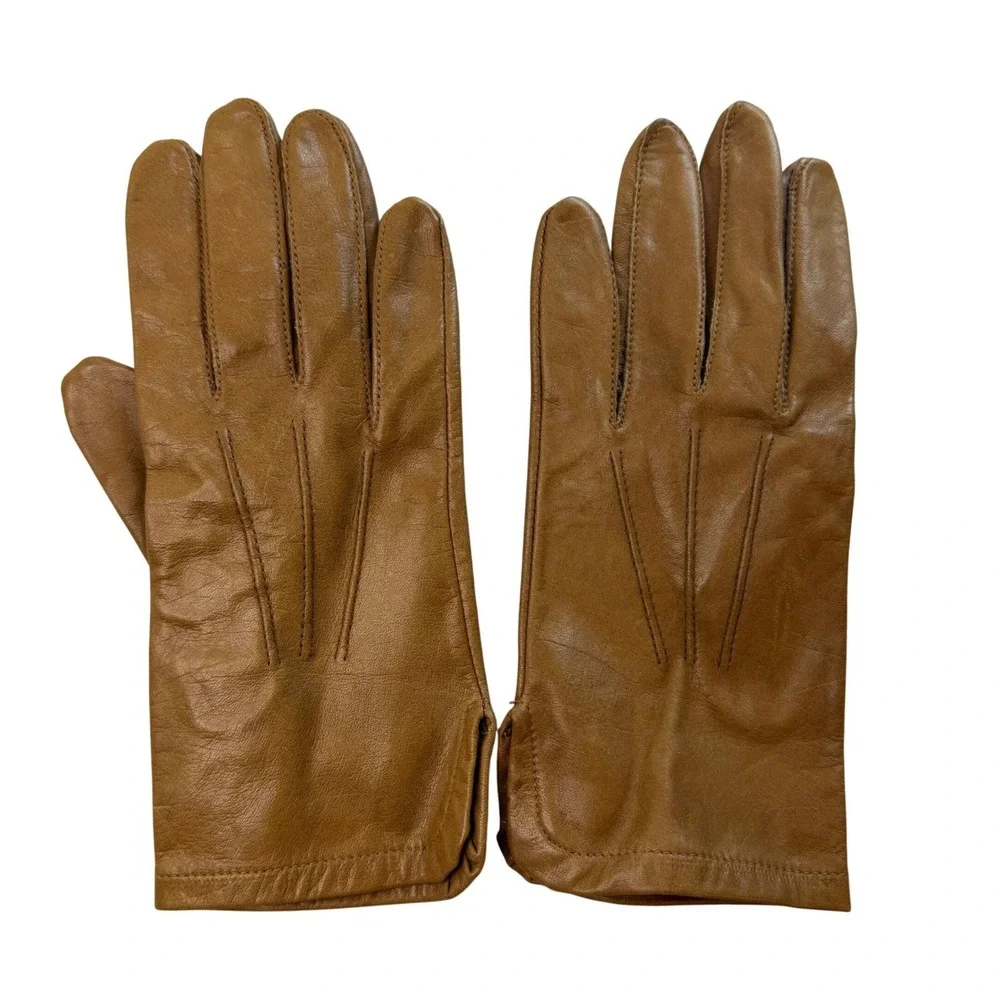 Tan‎ Brown Vtg Leather Gloves Small Classic Three Point Stitching Side Sewn Thin